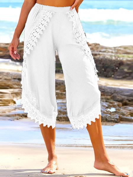 

Linen Casual High Waisted Black Lace Stitching Beach Pants, White, Pants