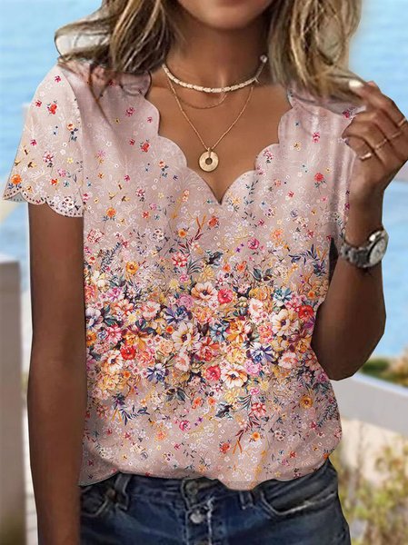 

Devore Loose Casual Floral Knitted T-Shirt, Pink, T-Shirts