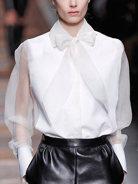 

Shirt Collar Elegant Regular Fit Plain Blouse, White, Blouses and Shirts