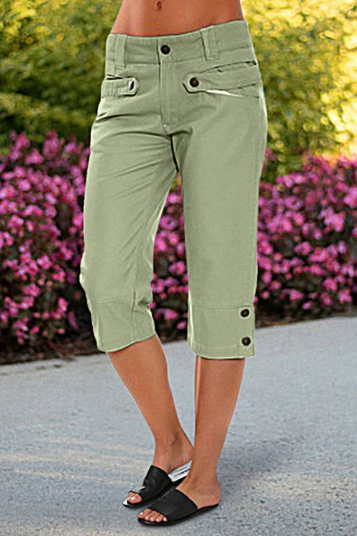 

Buttoned Casual Loose Plain Button Detail Low Waist Capris Pants, Green, Pants