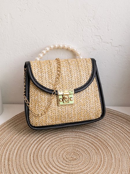Casual Straw Pearl Beaded Messenger Bag Clutch Vacation Women, Black, Women's Bags