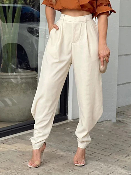 

Loose Lightweight Urban Plain Cargo Long Pants, Apricot, Cargo Pants