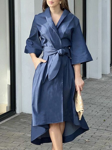 

Plain Cross Neck Casual Lightweight Dress With Belt, Blue, Midi Dresses