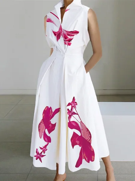 

Floral Regular Fit Urban Shirt Dress With No Belt, White, Midi Dresses