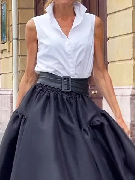 

Regular Fit Shirt Collar Sleeveless Plain Elegant Blouse, White, Blouses and Shirts