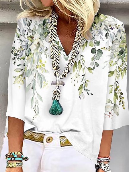 

Casual Loose Floral V Neck Shirt, White-green, Blouses