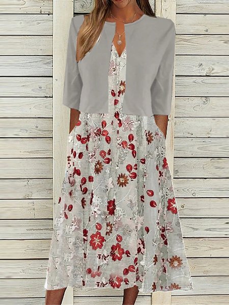 

V Neck Casual Floral Loose Two-Piece Set, Gray, Suit Set