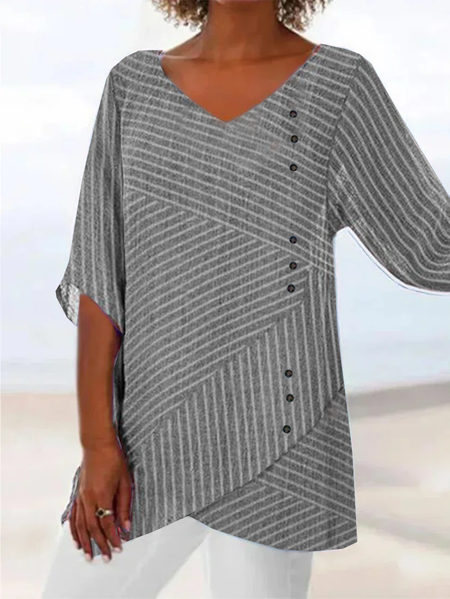 

Women Loose V Neck Striped Button Half Sleeve Tunic Top, Gray, Tunics