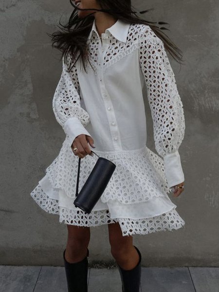 

Loose Plain Urban Shirt Collar Dress, White, Mini Dresses