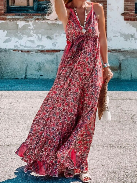 

Spaghetti Floral Simple Dress, Red, Dresses