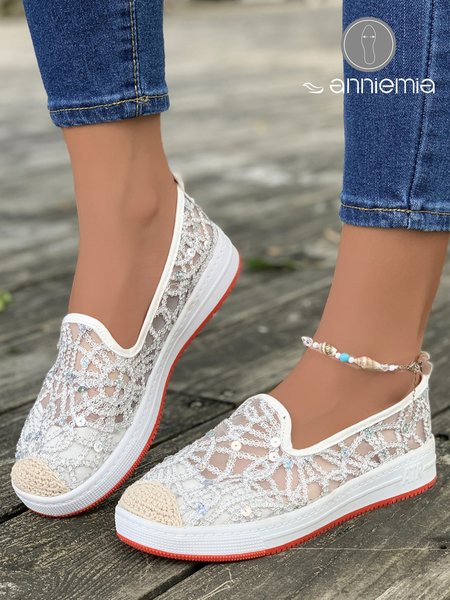 

Breathable Mesh Abstract Sequin Slip On Shoes, White, Flats
