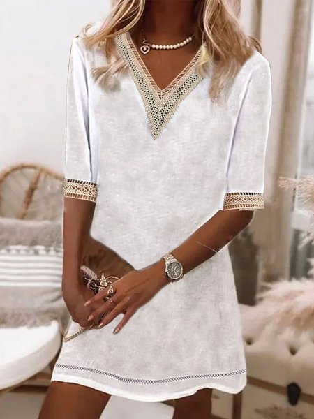 

Women V Neck Lace Stitching Half Sleeve Cotton Dress, White, Mini Dresses