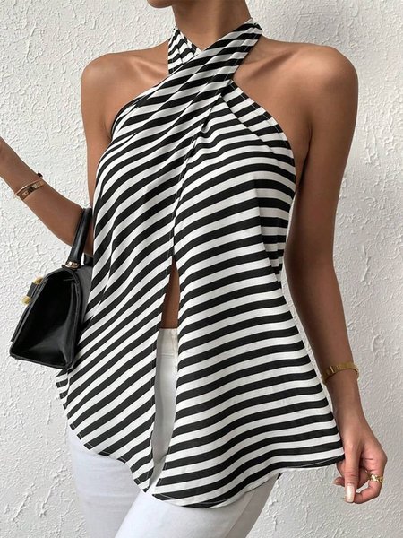 

Halter Striped Casual Tank Top, Black, Tanks & Camis