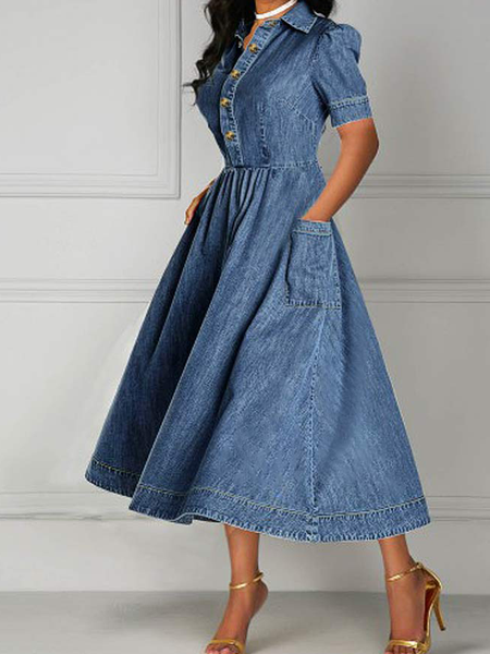

Urban Plain Shirt Collar Short sleeve Midi Dress Shirt Dress, Denim blue, Midi Dresses