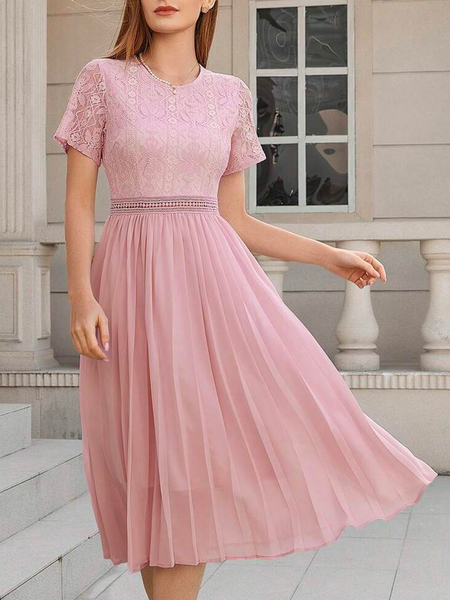 

Urban Plain Loose Contrast Lace Pleated Hem Dress, Pink, Formal Dresses