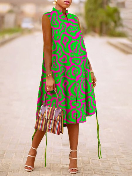 

Plus Size Vacation Loose Stand Collar Dress, Green, Plus Dresses