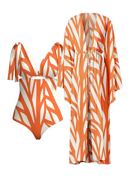 

Vacation V Neck Printing Geometric One Piece With Cover Up, Orange, Swimsuit with Coverups