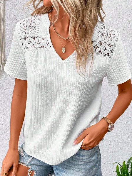 

Vacation Lace Contrast Notched Neckline Blouse, White, Shirts & Blouses