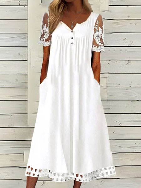 

Women Casual Plain Crew Neck Split Joint Loose Short Sleeve Dress, White, Midi Dresses