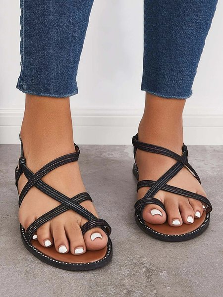 

Women's Toe Ring Criss Cross Strappy Sandals, Black, Sandals