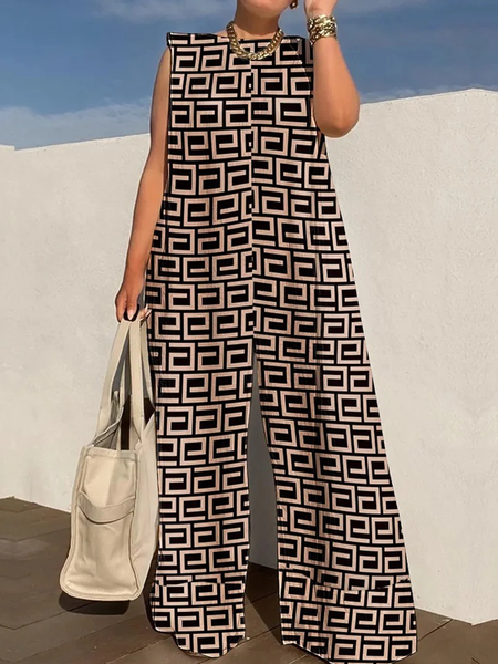 Plus Size Loose Geometric Urban Crew Neck Romper & Jumpsuit, Brown, Plus Jumpsuits