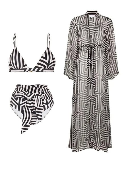

Geometric Scoop Neck Printing Vacation Bikini With Cover Up, Black, Swimsuit with Coverups