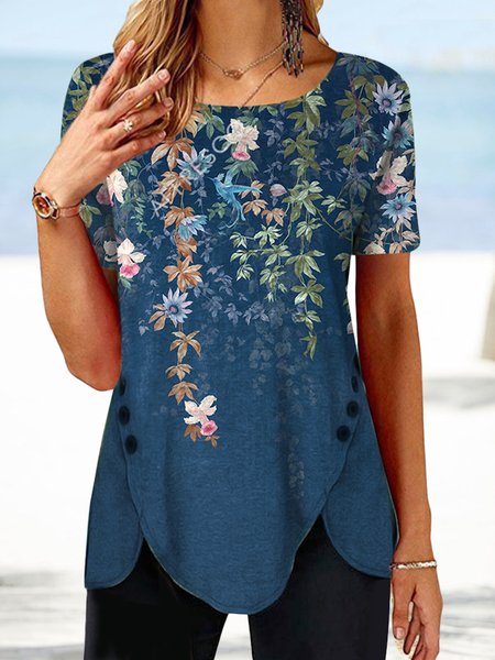 

Floral Casual Crew Neck Regular Fit T-Shirt, Blue, T-Shirts