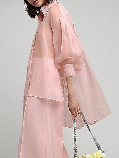 

Plus Size Ultra lightweight Shirt Collar Long sleeve Urban Loose Blouse, Pink, Plus Tops