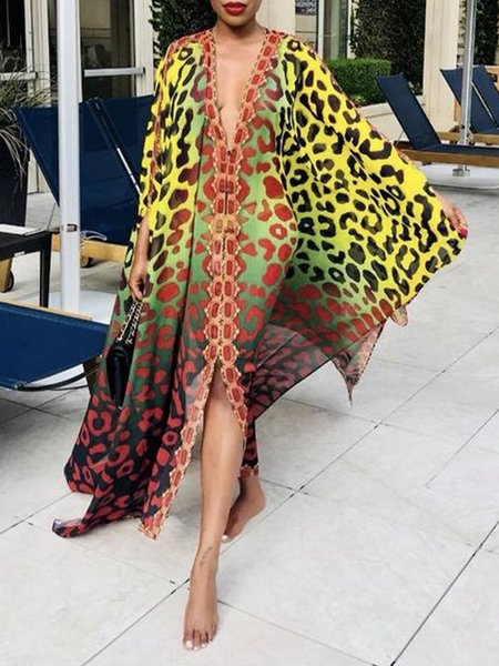 

Loose Leopard V Neck Vacation Dress, Green, Maxi Dresses