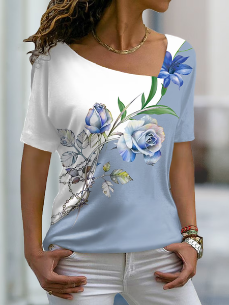 

Casual Floral Asymmetrical T-Shirt, Blue, T-Shirts