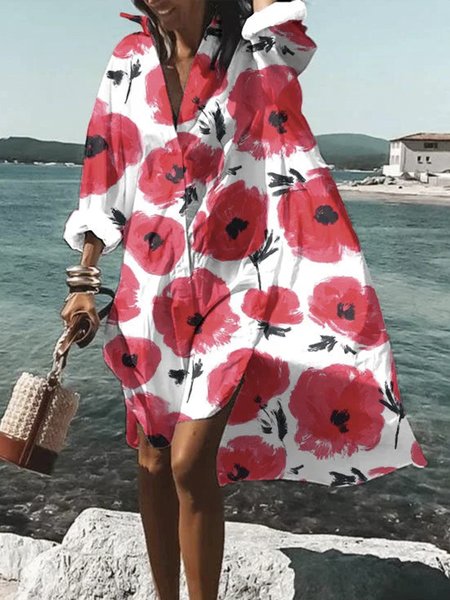 

Long sleeve Vacation Floral Shirt Collar Loose Dress With No, Red, Mini Dresses