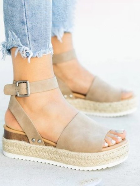 

Vacation Leopard Snake Print Plain Straw Wedge Sandals, Khaki, Sandals