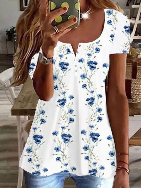 

Notched Buckle Casual Floral Shirt, White, Blouses