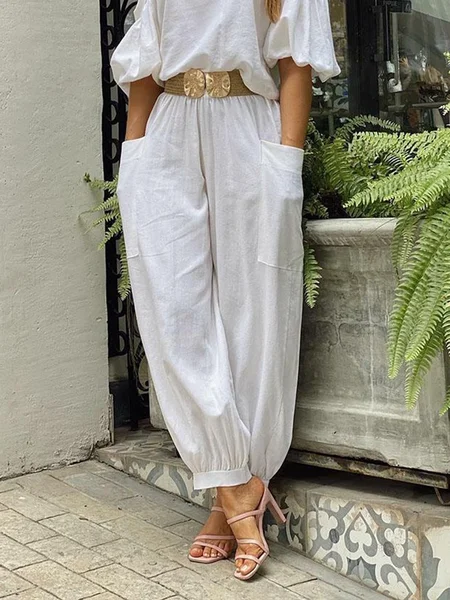 

Plain Regular Fit Vacation Polyester Cotton Fashion Pants, White, Pants