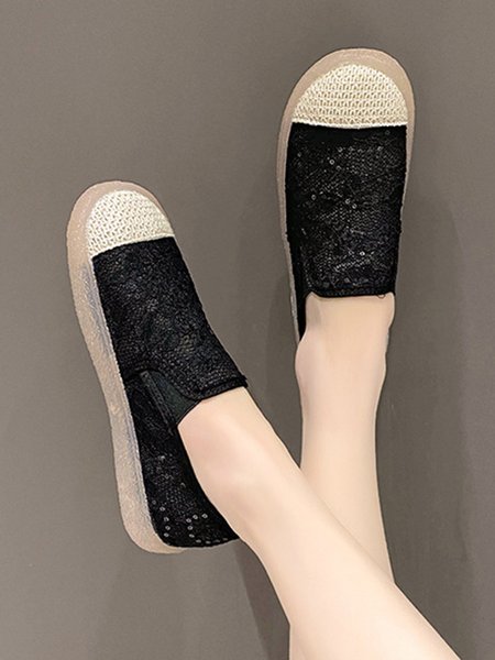 

Women Breathable Floral Lace Sequin Slip On Shoes, Black, Flats