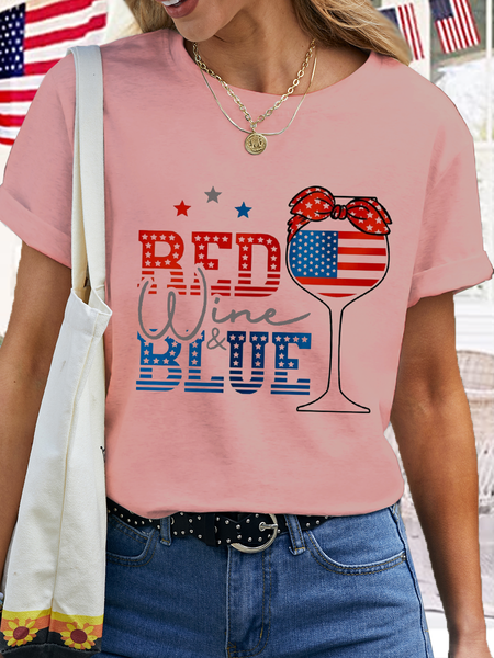 

Women's Red Wine and Blue Cotton 4th of July Simple Loose T-Shirt, Pink, T-shirts