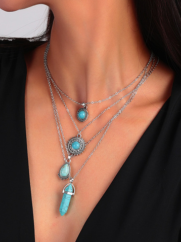 

Vacation Turquoise Silver Metal Tiered Necklace Boho Women's Jewelry, Necklaces