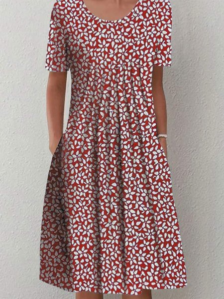 

Casual Crew Neck Floral Loose Dress, Red, Midi Dresses