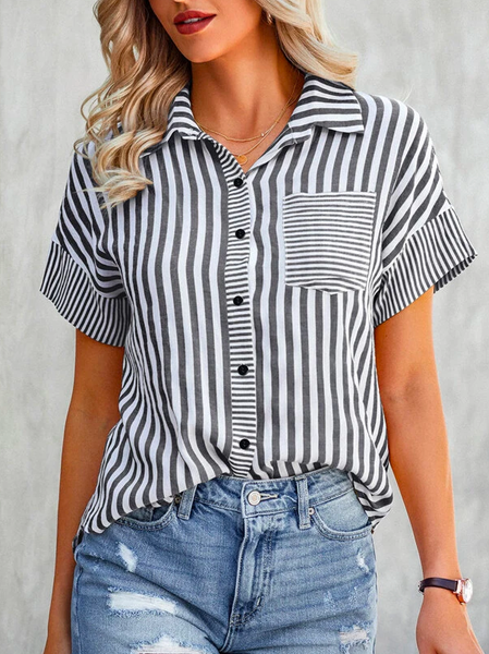 

Linen Cotton Shirt Collar Striped Striped Print Button Front Shirt, Black, Shirts & Blouses