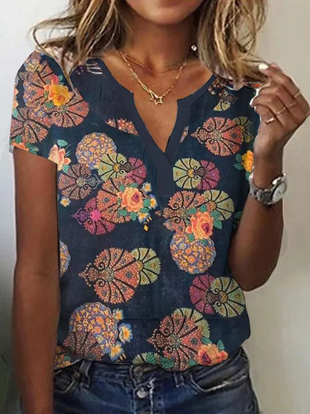 

Floral V Neck Casual T-Shirt, Navy blue, T-Shirts