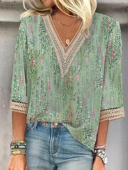 

V Neck Lace Polka Dots Casual Shirt, Green, Shirts & Blouses