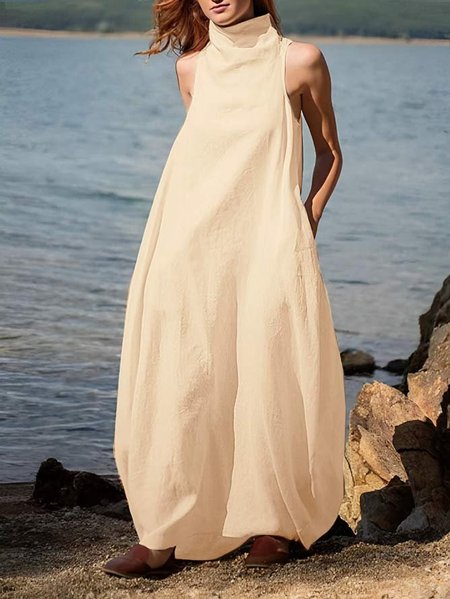 

Sleeveless Casual Turtleneck Loose Plain Dress, As picture, Maxi Dresses