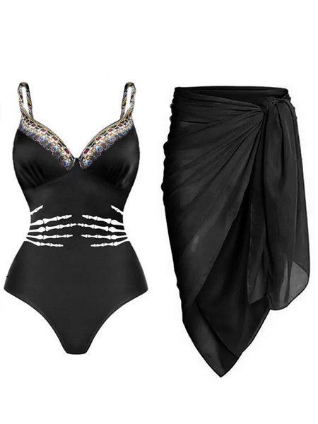 

Vacation Abstract Printing V Neck One Piece With Cover Up, Black, Swimsuit with Coverups