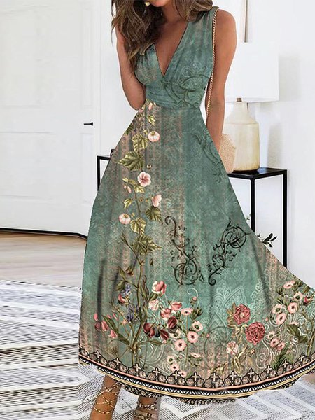

Floral Elegant Regular Fit V Neck Dress, Green, Dresses