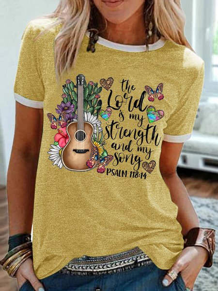 

Women's The Lord Is My Strength And My Song Psalm 118:14 Funny Loves Country Music Graphic Printing Crew Neck Regular Fit Casual Cotton-Blend T-Shirt, Yellow, T-shirts