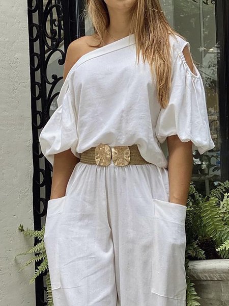 

Half sleeve Vacation One Shoulder Daily Shirt, White, Blouses and Shirts