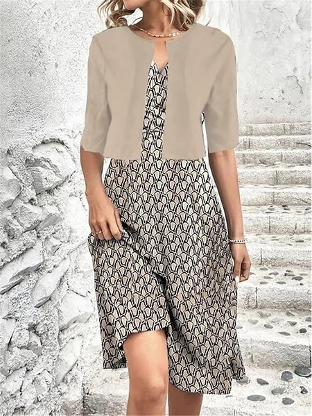 

V Neck Loose Casual Geometric Two-Piece Set, Khaki, Dresses