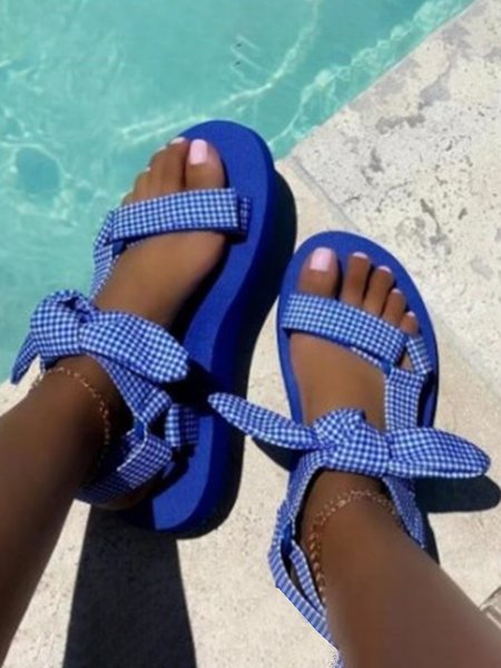 

Plaid Graphic Bow Knot Adjustable Buckle Casual Sandals, Blue, Sandals