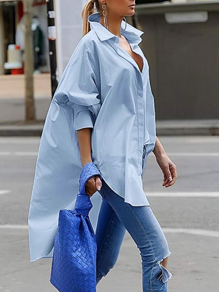 

Daily Long sleeve Shirt Collar Urban Plain Blouse, Blue, Blouses and Shirts