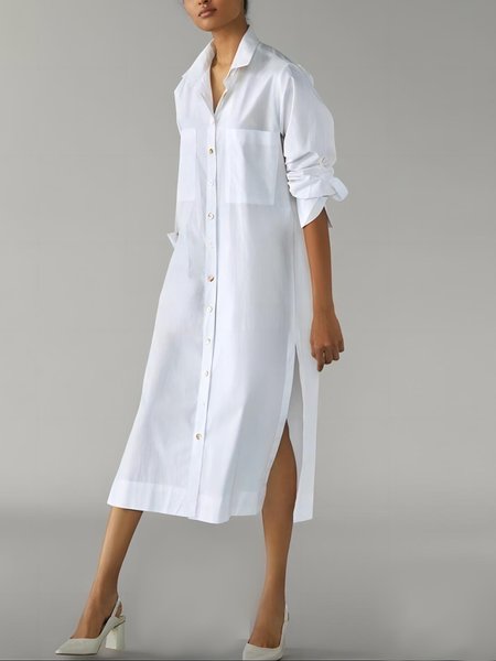 

Regular Fit Shirt Collar Elegant Plain Dress, White, Maxi Dresses